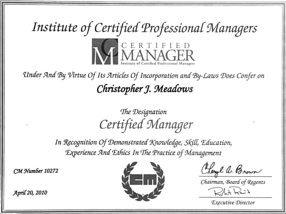 Certified Manager - Chris Meadows, President and Owner, Bio-One of Gaithersburg has obtained certificates for the services offered